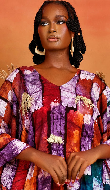 Àbíkẹ́ Kaftan – Hand-Dyed Tie & Dye Cotton with Raffia Embellishments | Amazin Apparels  