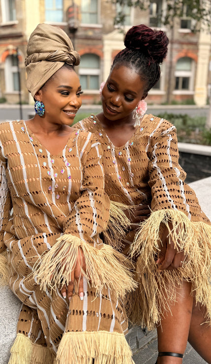 Asàkè Dress – Handwoven Aso Oke with Raffia & Stone Embellishments | Amazin Apparels