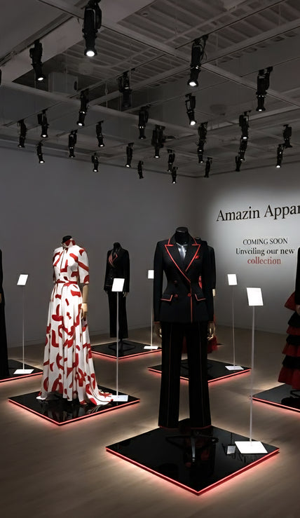 Amazin Apparels Coming Soon. Mannequins in a museum-style exhibit showcase new fashion collection featuring pieces in the brand's signature black, white, and red color palette.