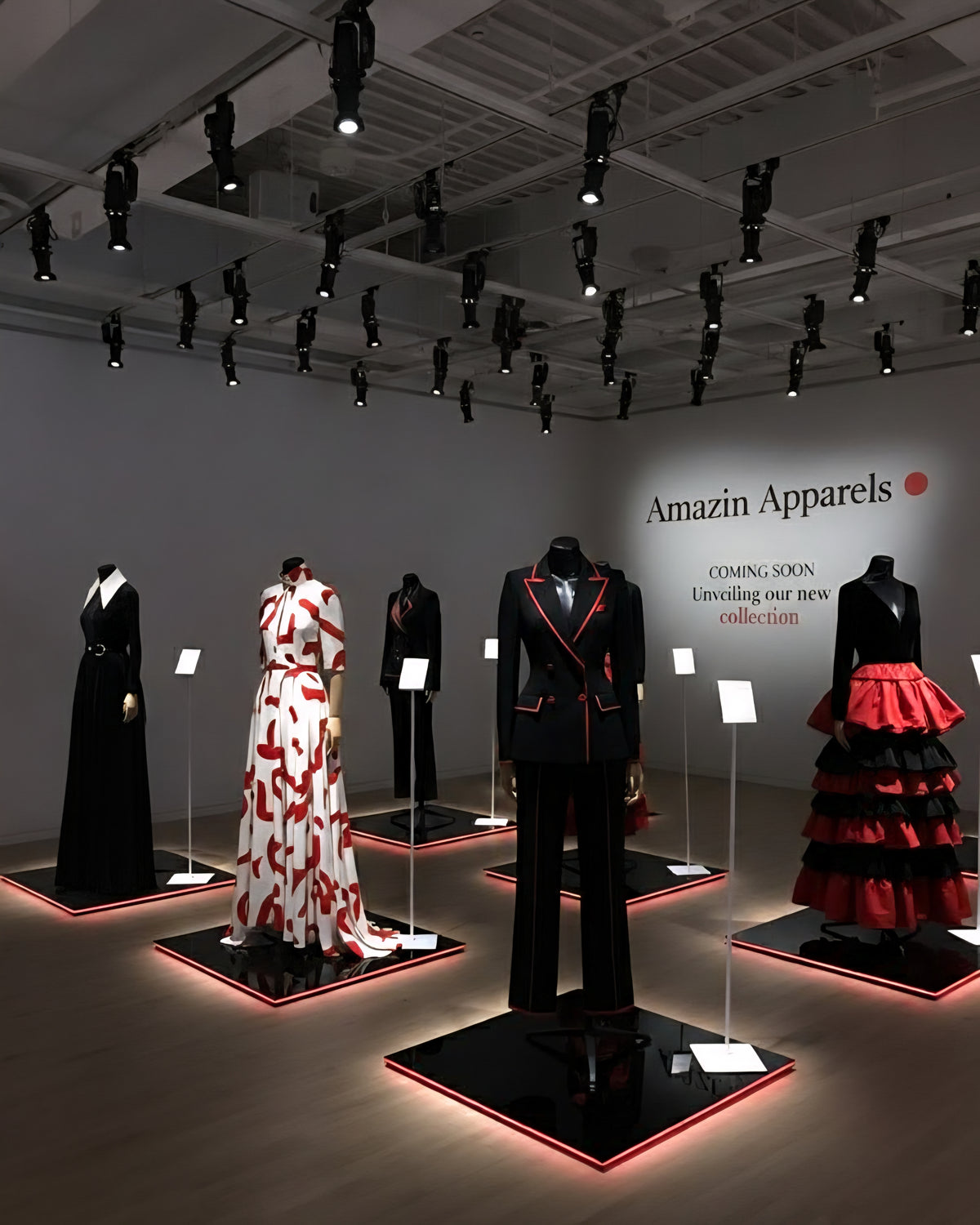 Amazin Apparels Coming Soon. Mannequins in a museum-style exhibit showcase new fashion collection featuring pieces in the brand's signature black, white, and red color palette.