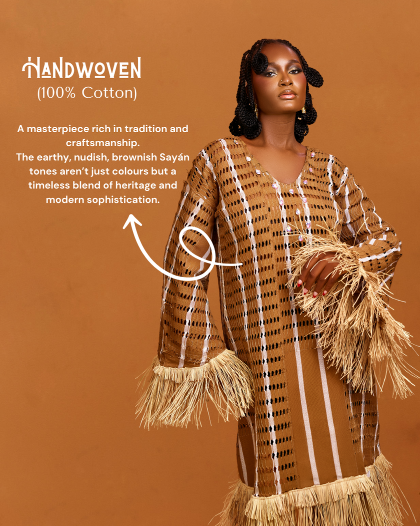 Flyer design : Promotional flyer of model in the Asàkè Aso Oke maxi dress with accompanying upper-left text describing premium heritage cotton fabric, and it's  earthy, nudish, brownish Sayán tones.