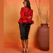 Model wearing the Ìfẹ́ Set, an African-inspired two-piece outfit with a structured peplum top and fitted sequin skirt.