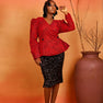 Ìfẹ́ Set – Ankara wrap peplum blouse with black sequin stretch skirt, featuring a flattering silhouette