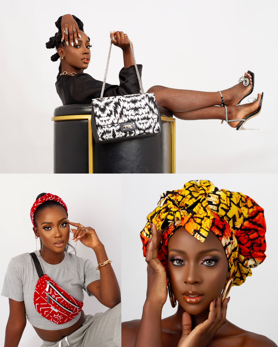 Collage of women wearing head wraps and bags with a white background