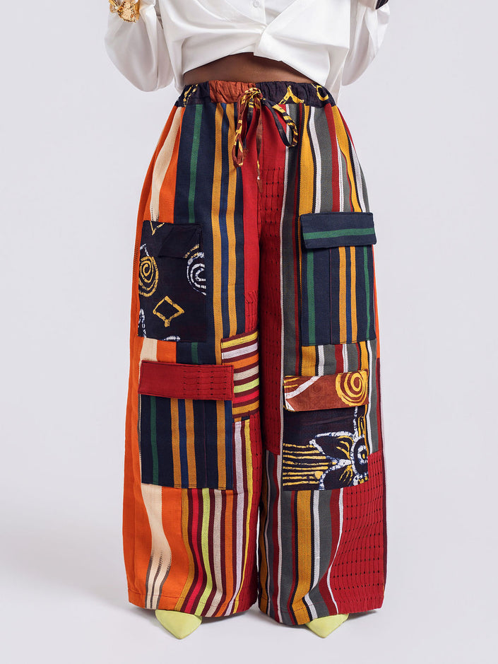 Close-up front-view of a model wearing the Aso-Oke Pants