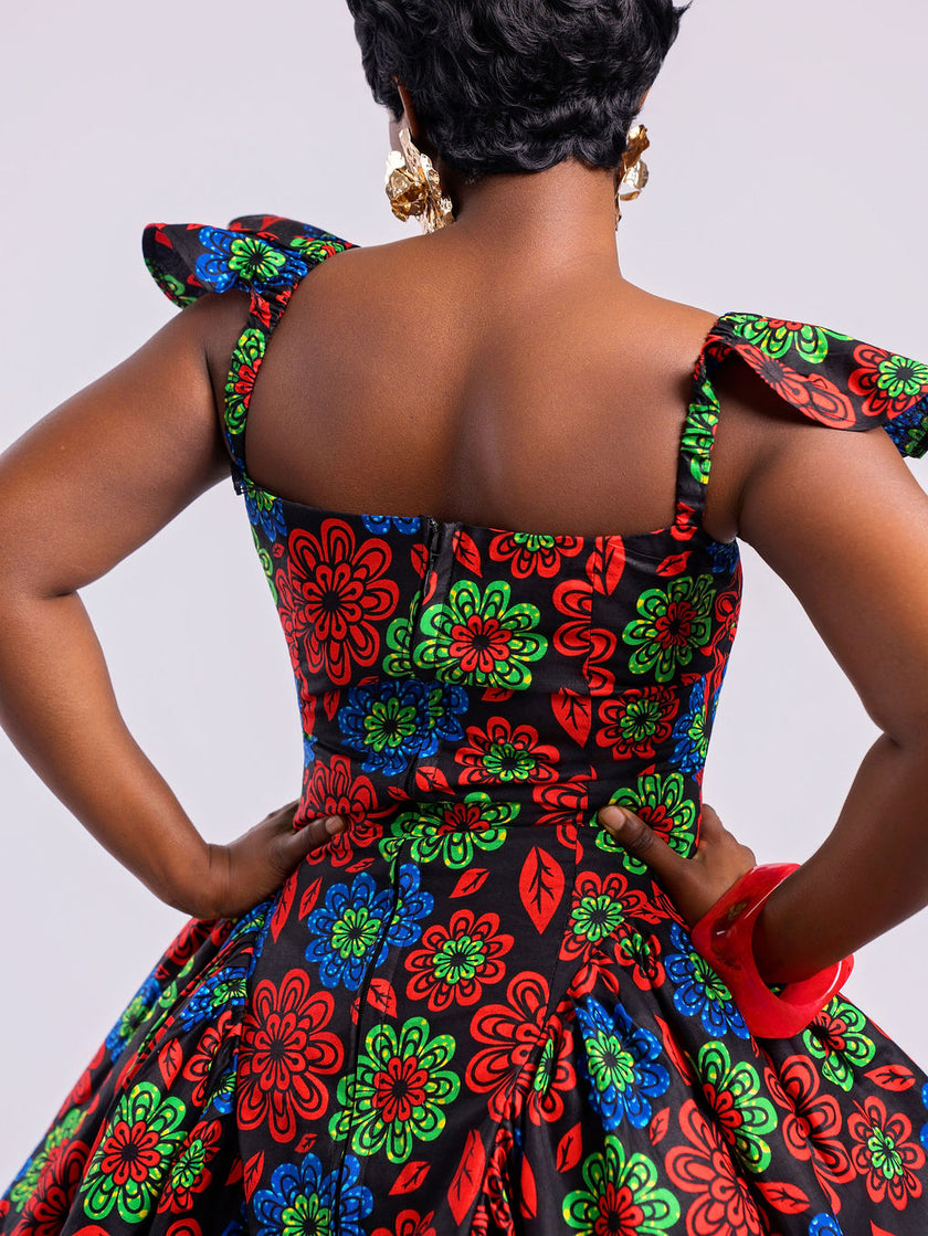 Back view of the Floral Statement Flare Dress showing the seamless fit and long hidden zipper closure.