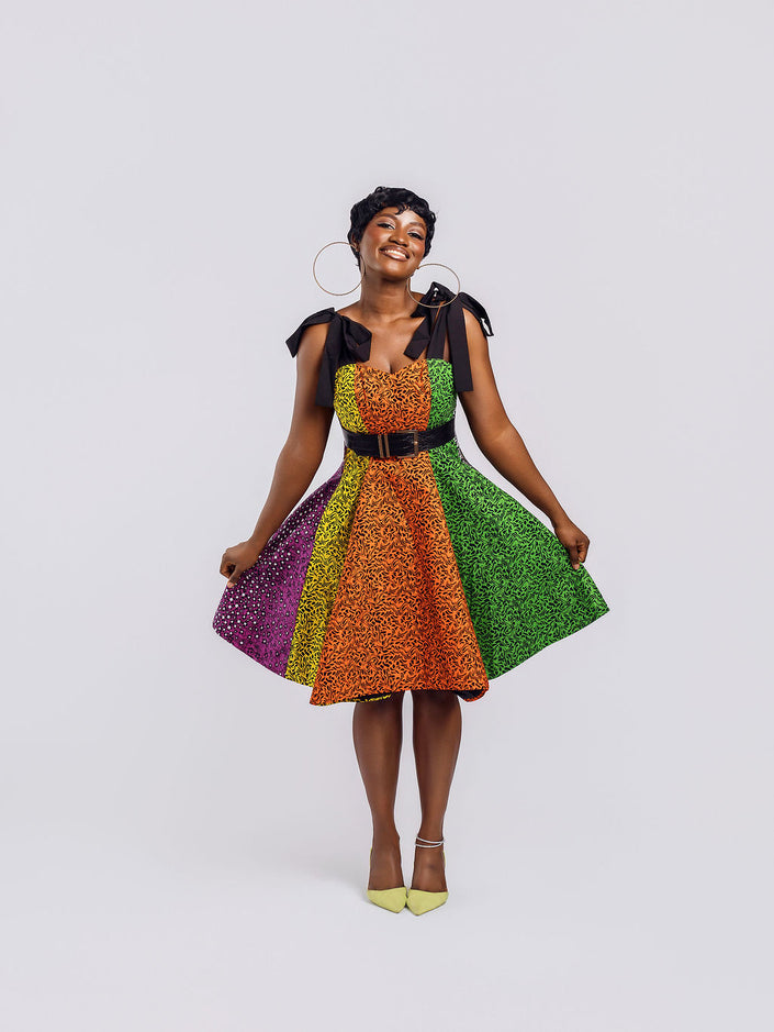 Front-view of a model wearing Cynthia Colourful Ankara Dress | Amazin Apparels