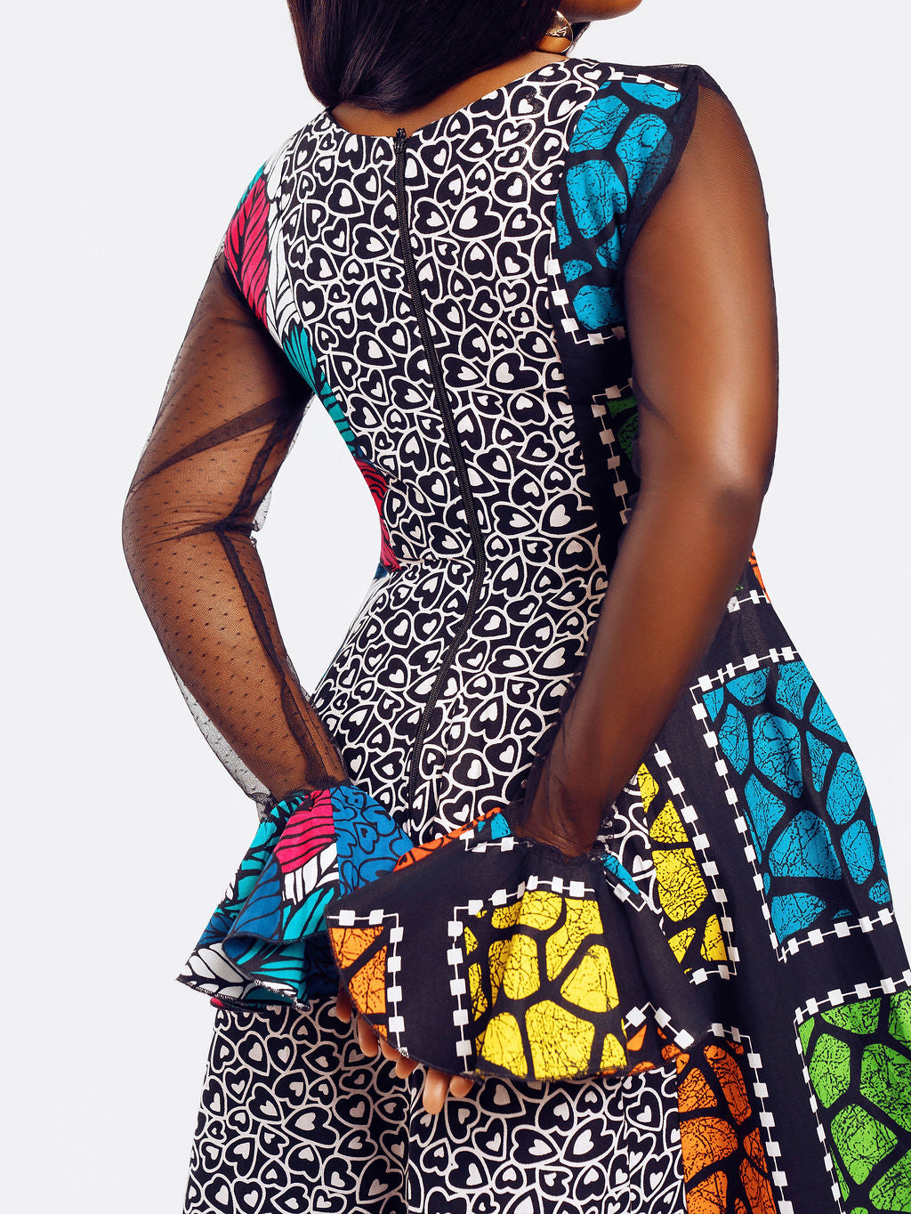 Close-up Back-view of a model wearing Doris Mixed Ankara Print Dress | Amazin Apparels - AmazinApparels