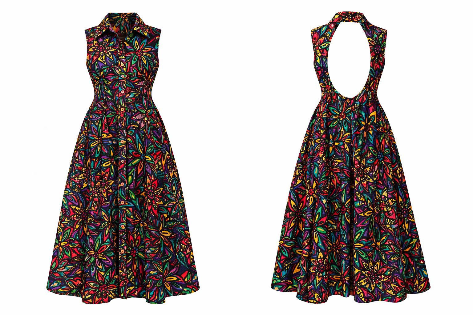 Front and back view of The Kaleidoscope Keyhole Midi, on a white background.