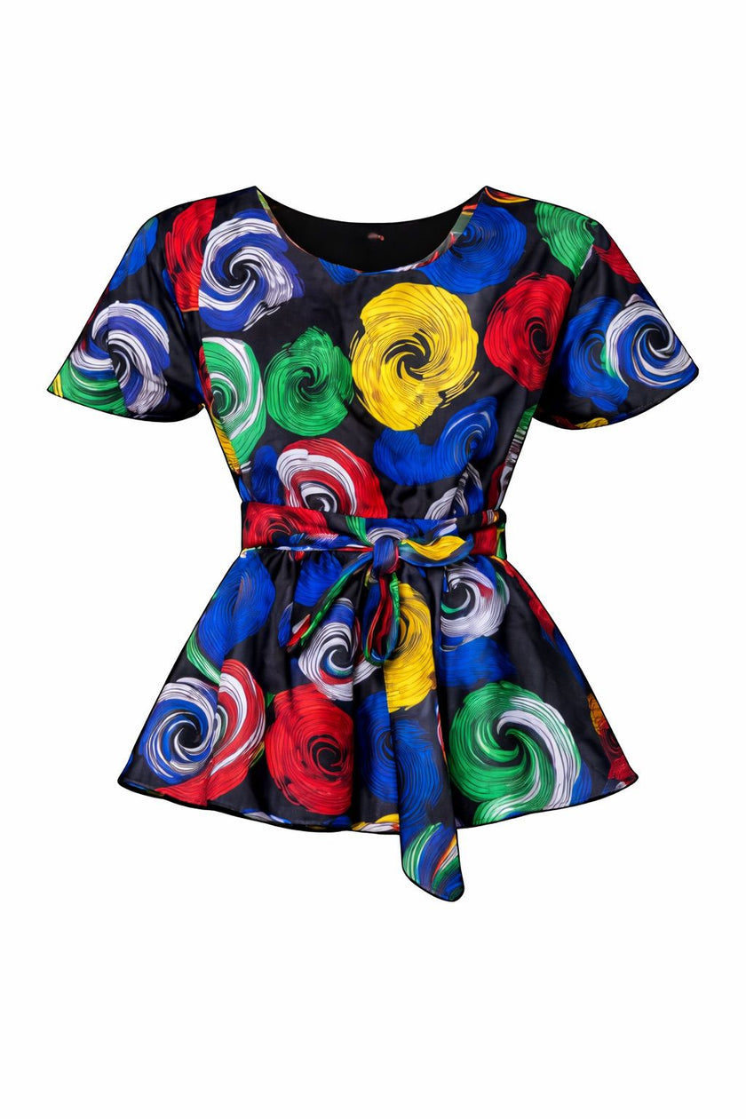 Front view of a multi-colored swirl print peplum top with two hidden pockets on both sides and a belt with the same fabric, on a white background.