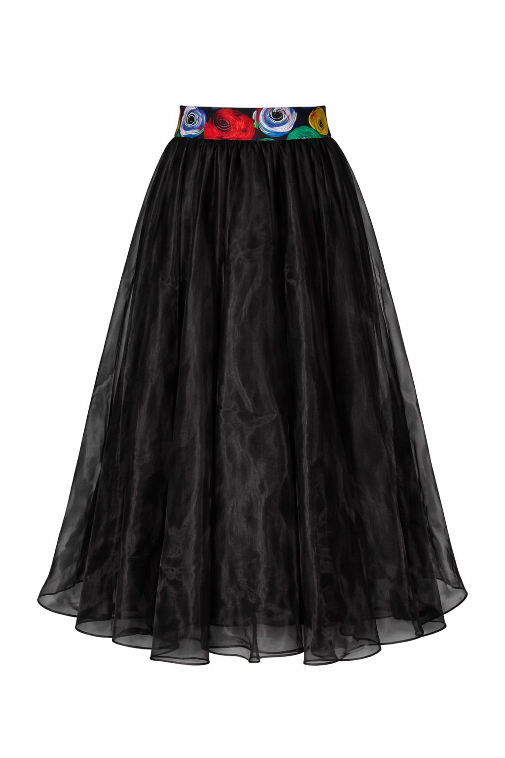 Front view of a sheer, unlined black organdy maxi skirt with two hidden pockets on both side, on a white background.