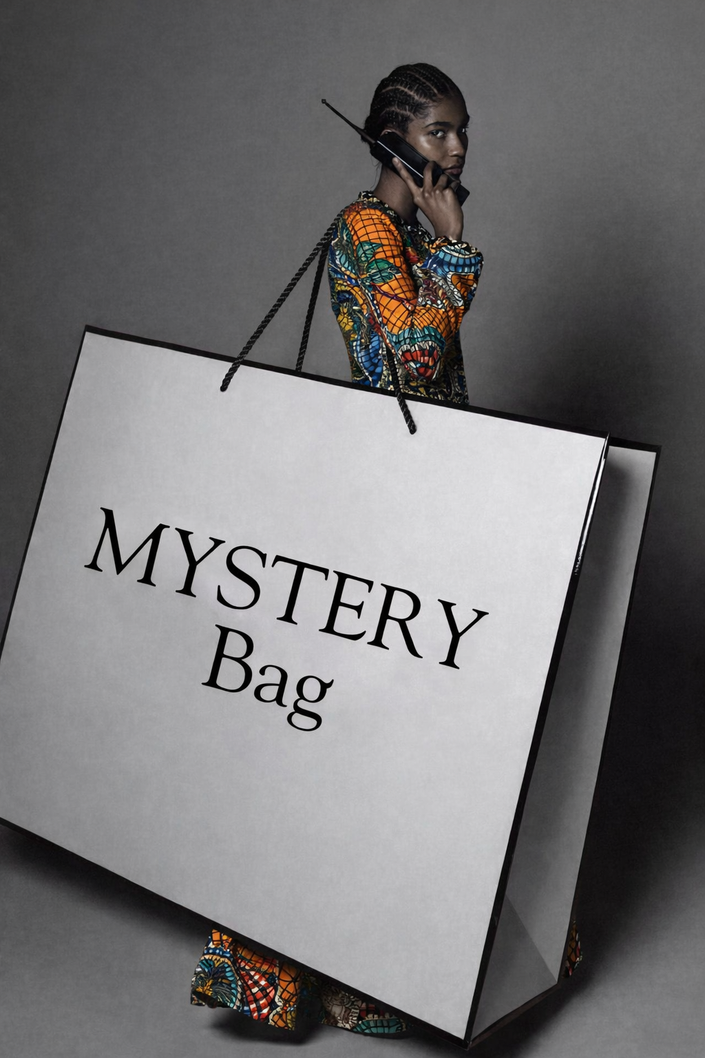 A model holding a telephone to her ear, wearing ankara carrying a big bag with the inscription MYSTERY Bag. 