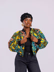 Front view of a cropped bomber jacket with showing the ribbed neckline and the two hand ribbed cuff. 