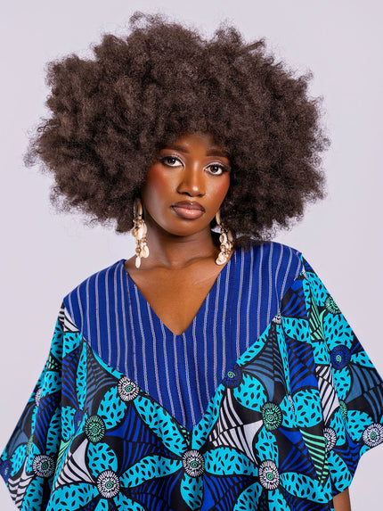 Close-up of the V-neckline made of authentic textured Aso Oke fabric.
